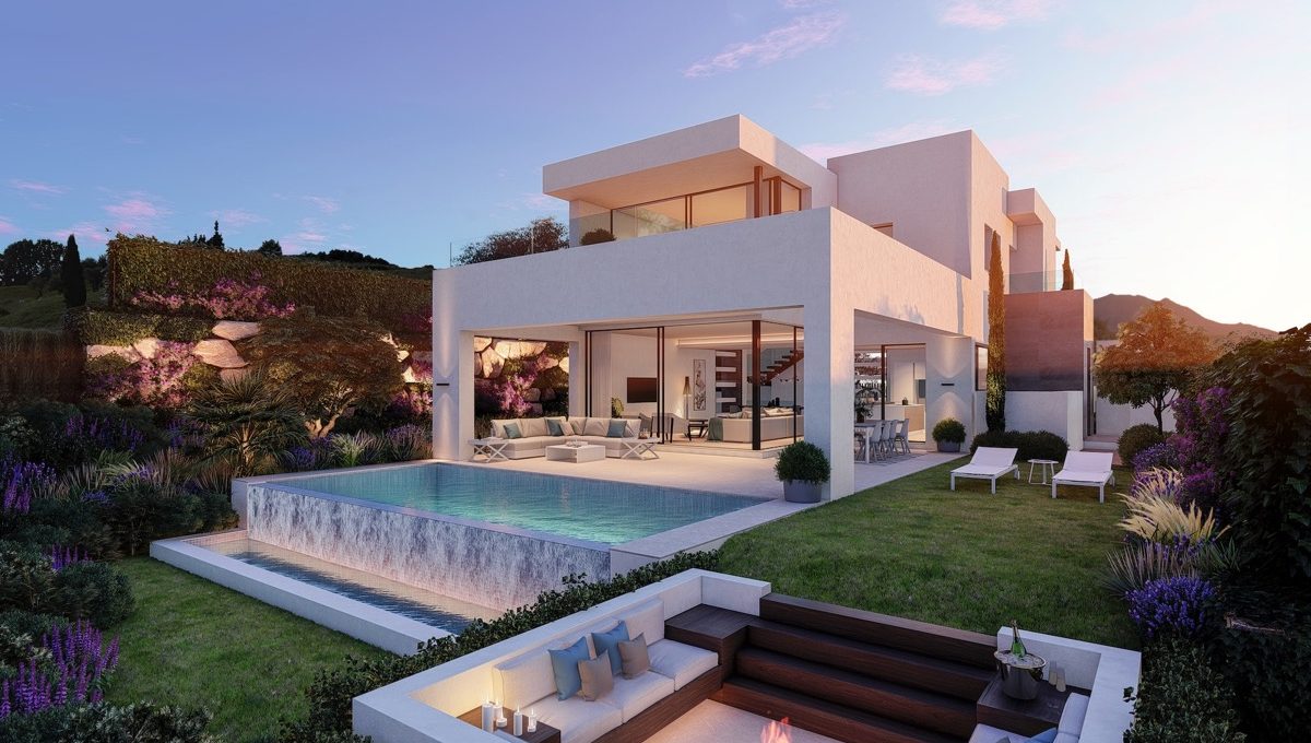 modern-luxury-villas-in-the-heart-of-estepona-golf-render - exterior night - incense burner - pebetero-min
