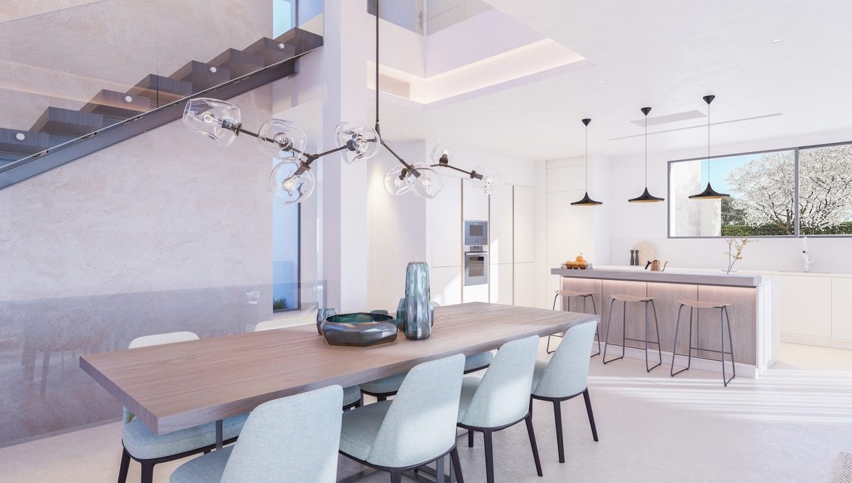 modern-luxury-villas-in-the-heart-of-estepona-golf-render - interior - kitchen - cocina - porcelain tiling staircase - aplacado porcelanico escalera-min